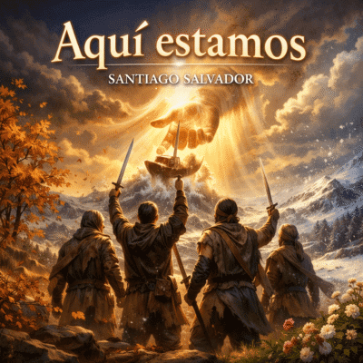 Grupo de creyentes con espadas levantadas, firmes en medio de paisajes de otoño, invierno y primavera, frente a un mar tormentoso sostenido por la mano de Dios, en la portada del tema “Aquí estamos” de Santiago Salvador.