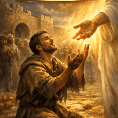 Bartimeo arrodillado ante Jesús a las puertas de Jericó, con manos levantadas y rostro iluminado por la luz divina, mientras la multitud observa el milagro, en la portada del tema “Bartimeo” de Santiago Salvador.
