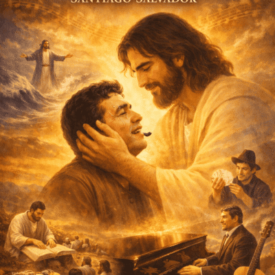 Jesús tocando el rostro de un hombre con ternura, rodeado de escenas de sus milagros y enseñanzas, bajo una luz dorada que representa el amor divino en la canción “Cómo no amarte yo” de Santiago Salvador.