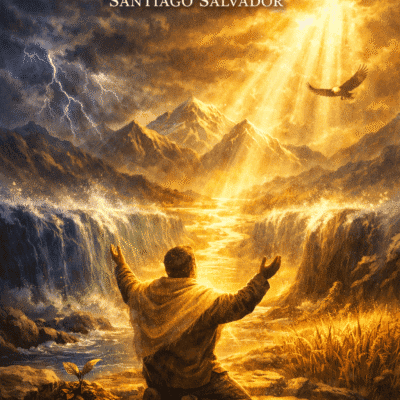 Hombre arrodillado en adoración frente a un mar abierto y montañas iluminadas, con rayos de luz divina y un águila en vuelo, en la portada del tema “Dios de proezas” de Santiago Salvador.