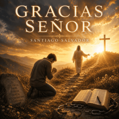 Portada del sencillo cristiano "Gracias Señor" de Santiago Salvador, con un creyente arrodillado en oración mientras Cristo lo guía hacia la cruz iluminada, simbolizando el crecimiento espiritual, el arrepentimiento y la gratitud por la gracia de Dios.