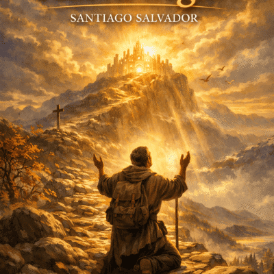 Viajero solitario ascendiendo por un sendero rocoso hacia una ciudad celestial bañada en luz dorada, con una cruz al costado del camino, en la portada del tema “Hasta llegar” de Santiago Salvador.