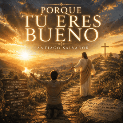 Portada del sencillo cristiano "Porque Tú Eres Bueno" de Santiago Salvador, con un creyente adorando a Cristo al amanecer mientras un camino conduce hacia una cruz, simbolizando la misericordia, la fidelidad y la justicia eterna de Dios.
