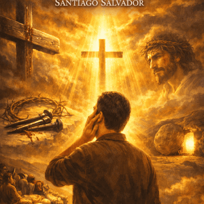 Figura humana de espaldas frente a una cruz iluminada, con símbolos de redención —clavos, corona de espinas y tumba vacía— que representan la transformación espiritual en la canción “Quién soy yo” de Santiago Salvador.