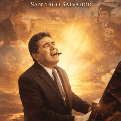 Santiago Salvador tocando el piano durante una presentación, símbolo de superación y fe tras perder la vista a los 10 años por glaucoma.