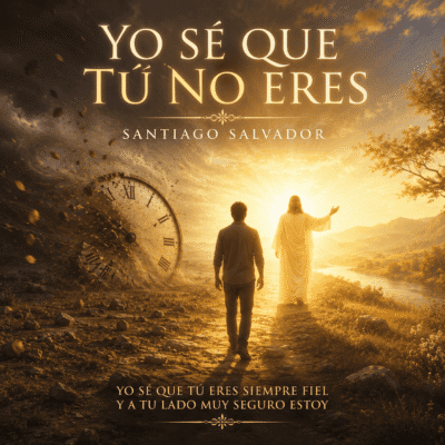 Portada del sencillo cristiano "Yo sé que tú no eres" de Santiago Salvador, con un creyente caminando hacia Cristo mientras un reloj destruido simboliza que Dios no cambia con el tiempo y permanece siempre fiel.