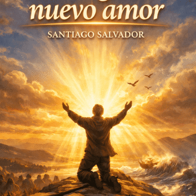 Silueta de una persona con brazos levantados al amanecer, iluminada por rayos dorados y aves volando en el cielo, simbolizando el amor y la alegría en Cristo en la portada del tema “Yo tengo un nuevo amor” de Santiago Salvador.
